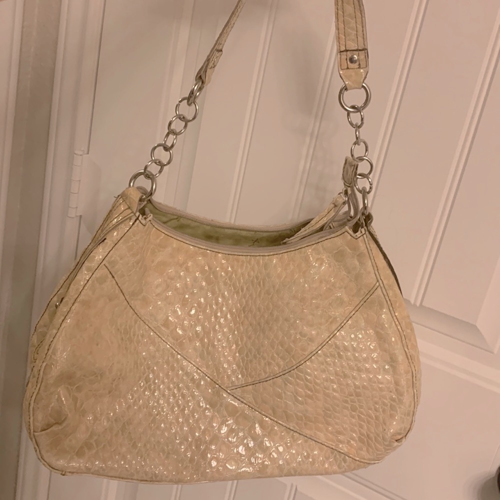 Cute beige patent leather crock skin purse